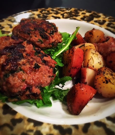 omnivore burger with roasted potatoes 