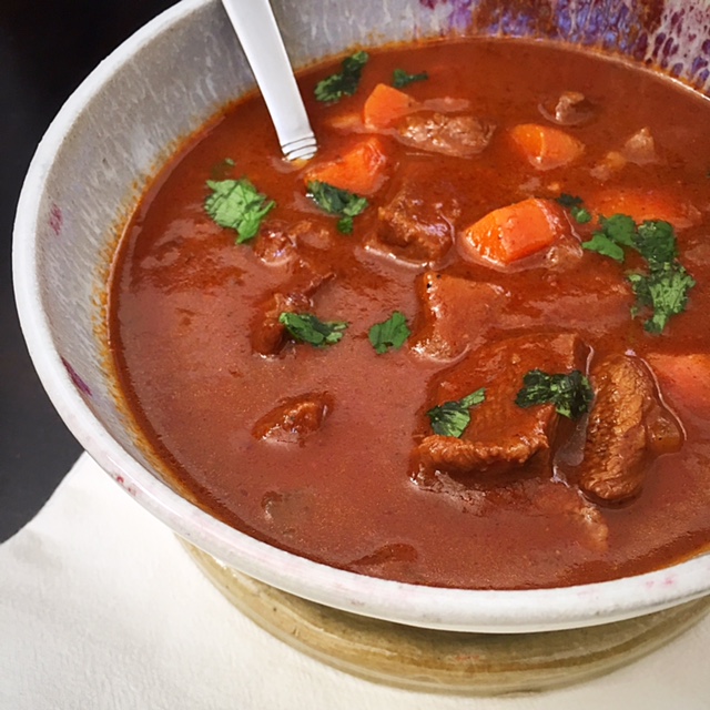 hearty beef stew in a bowl