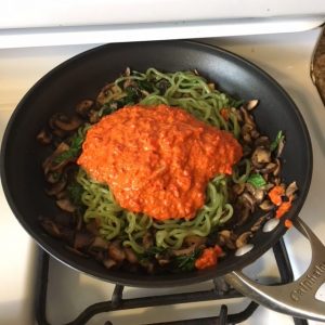 Low Carb Pasta topped with sauce in pan 