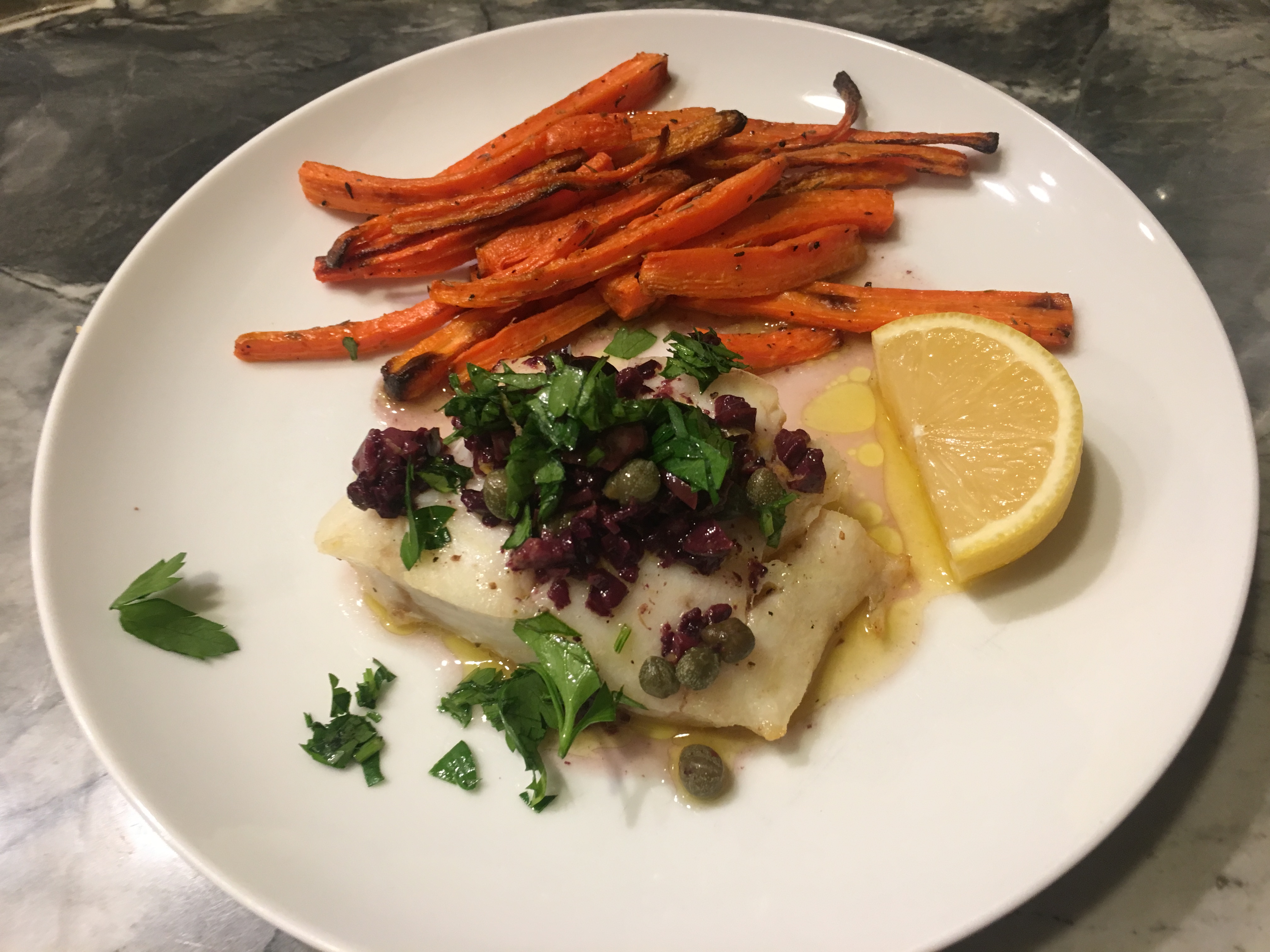 Broiled Cod with Lemon Olive Caper Sauce